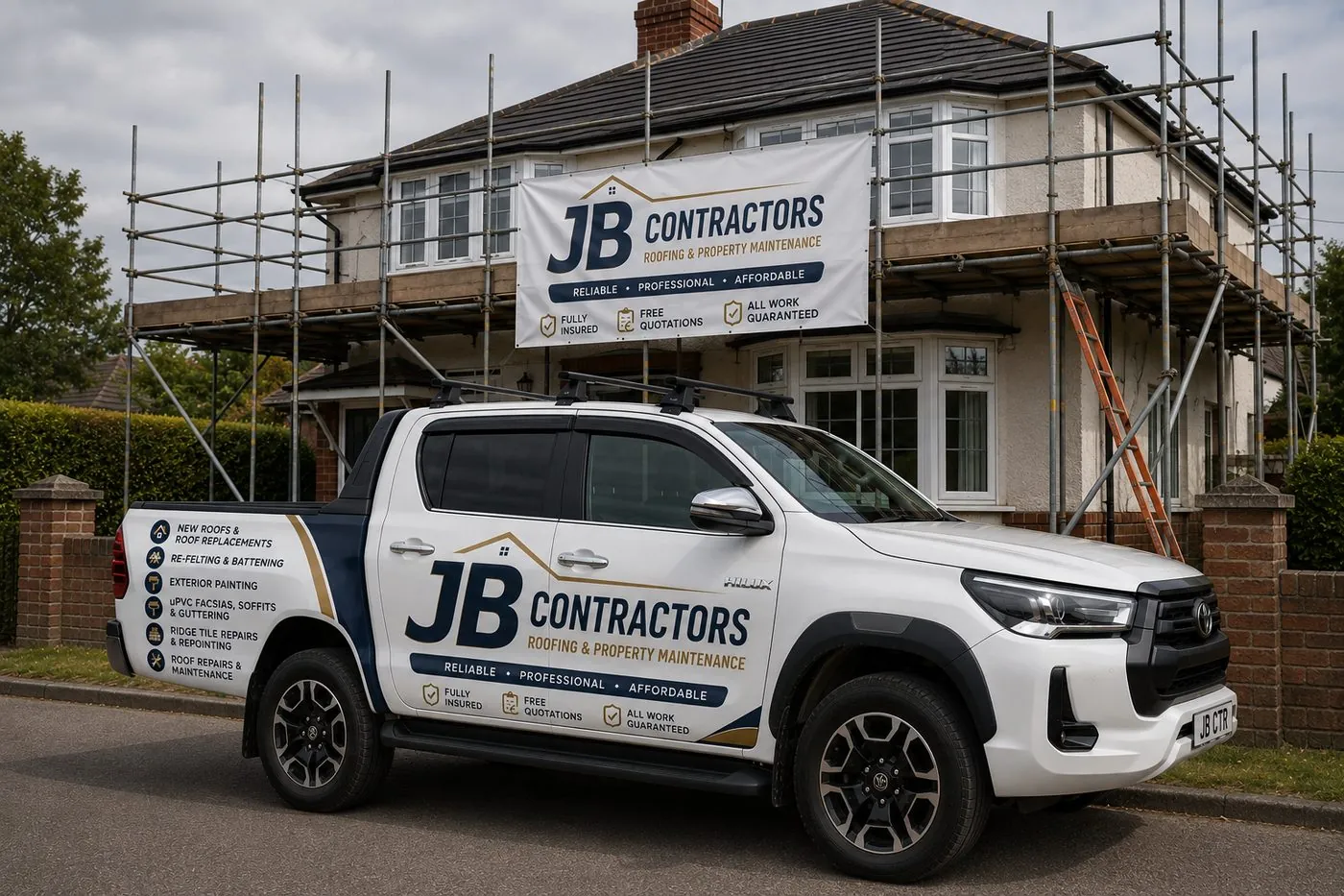 Bodmin Roofing pickup truck on site at a scaffolded roofing job in Bodmin